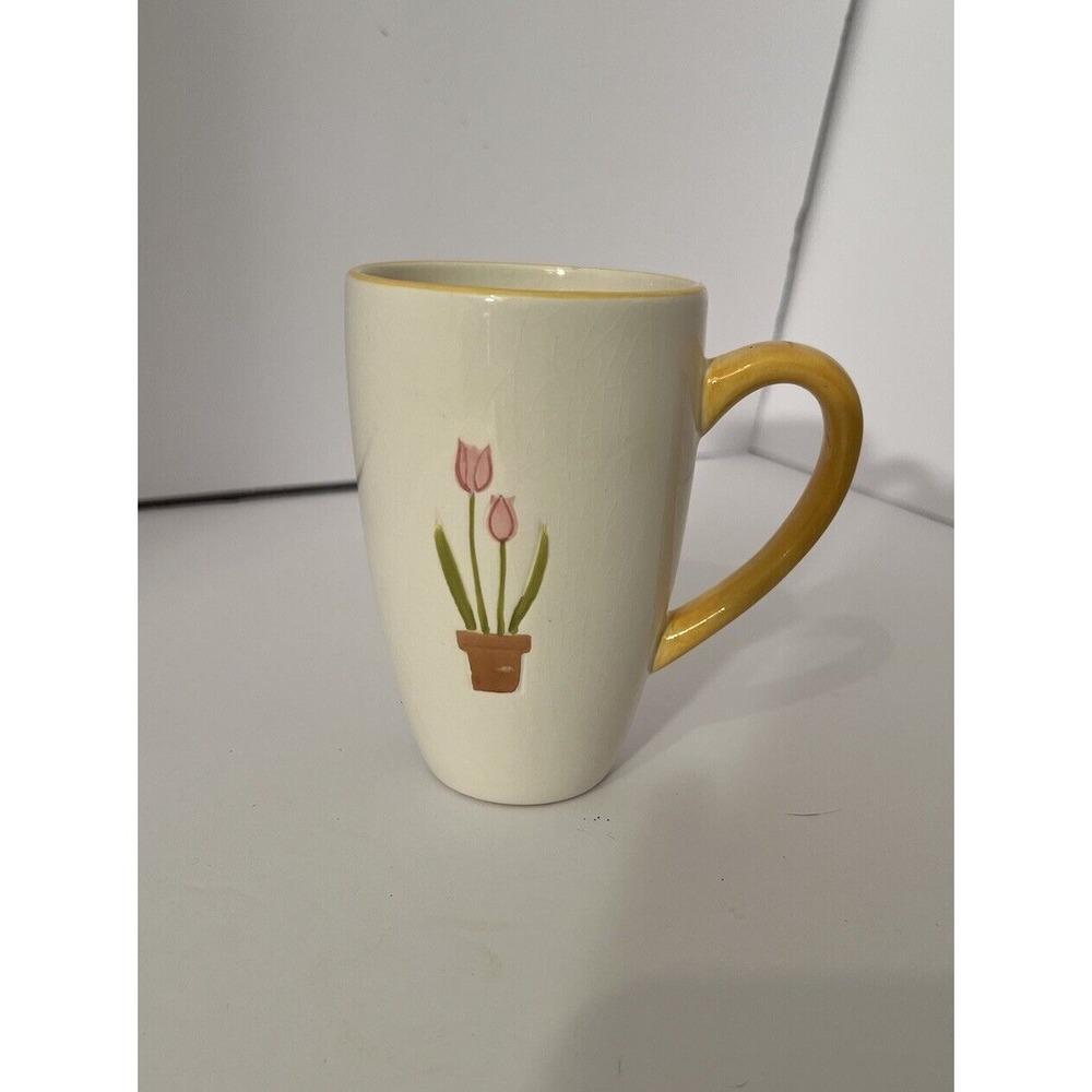 Omniware Microwave & Dishwasher Safe Mug Yellow & White Wit Pink Tulips In A Pot